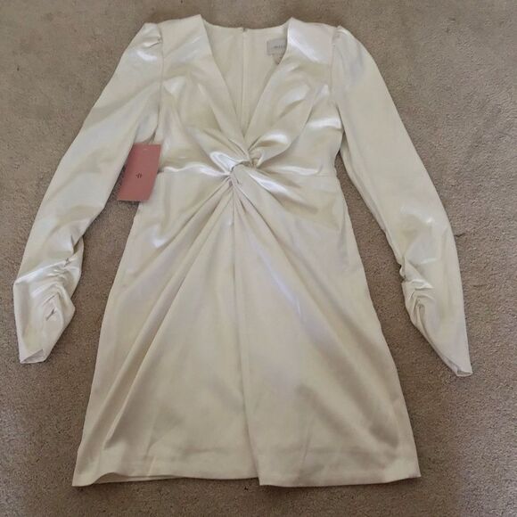 NWT Anthropologie BHLDN Maya Long-Sleeve Twist Satin Mini Dress Ivory - Picture 5 of 16
